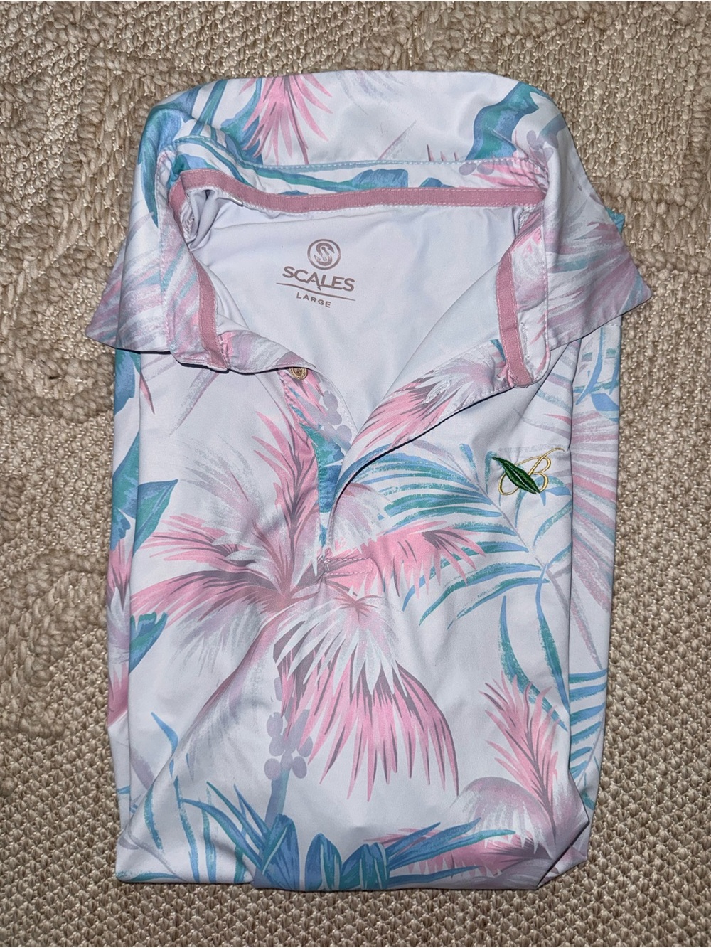 Scales Men's Pink & Blue Floral Performance Stretch Golf Polo Shirt Size Large